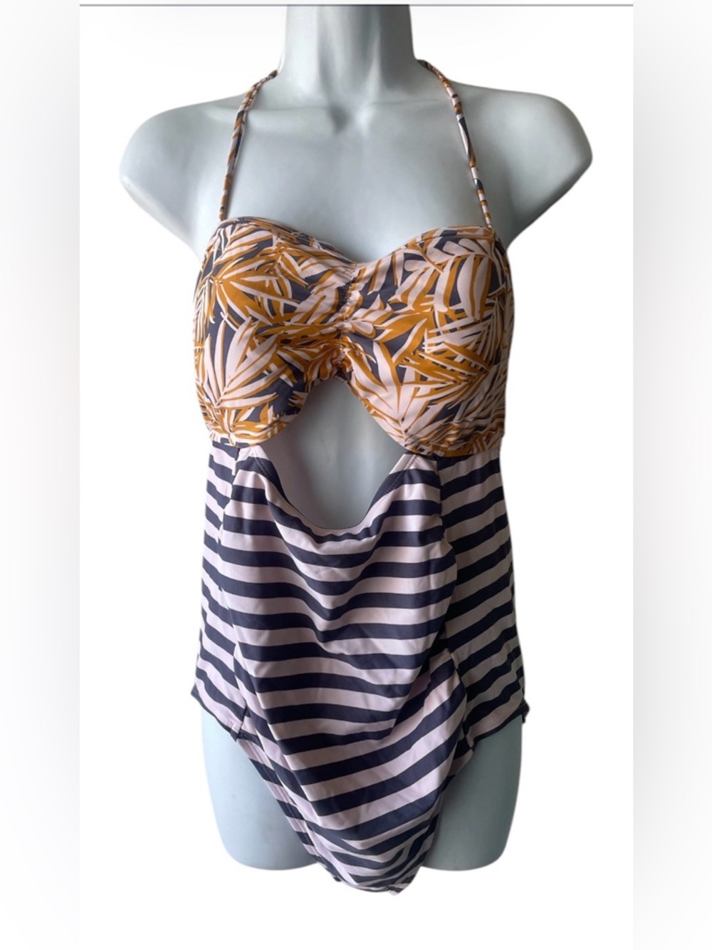 Motherhood Maternity Pink & Mustard Striped Tropical One-Piece Swimsuit